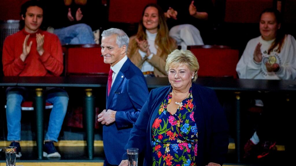 Norwegian Labour party leader Jonas Gahr Stoere (left), with prime minister and Conservative leader Erna Solberg at a public meeting in Trondheim on September 2nd. Photograph: EPA