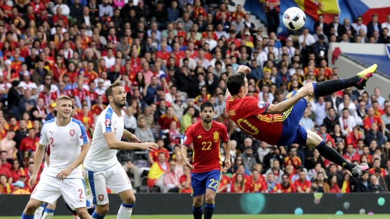 Aritz Aduriz of Spain with an overhead kick during. Photo: EPA