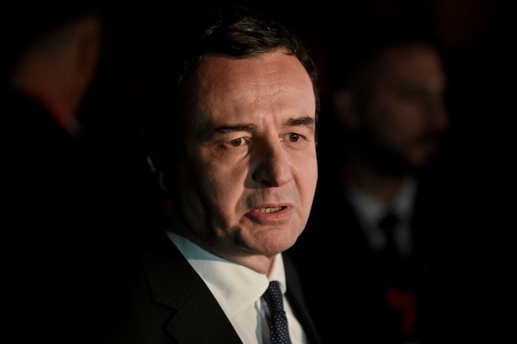 Kosovo prime minister Albin Kurti addresses the media after holding meetings as part of Kosovo-Serbia talks. Photograph: Armend Nimani/AFP/Getty Images