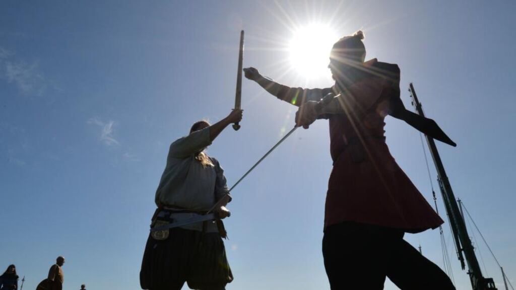‘The re-enactment of the Battle of Clontarf was a jolly, well-organised family event, but for a queasy moment I wondered what on earth I was doing there. After all, some accounts say that nearly half the population of Dublin lay dead or badly maimed after the conflict.’ Above, Kenneth Grundtmann and David Wittenburg from the Frederikssund Vikingespil Theatre & Festival in Dublin last week. Photograph: Alan Betson