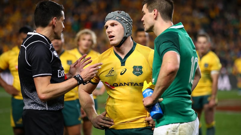 Referee Pascal Gauzere talks to Australia’s David Pocock and Ireland’s Johnny Sexton during the third Test match between the sides at Allianz Stadium in June 2018 in Sydney, Australia. Photograph: Cameron Spencer/Getty Images