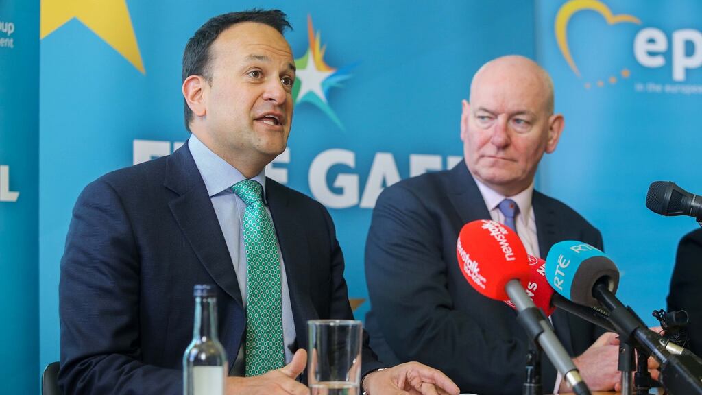Taoiseach Leo Varadkar and Mark Durkan, the former SDLP leader who is now a Fine Gael candidate. Photograph: Gareth Chaney/Collins
