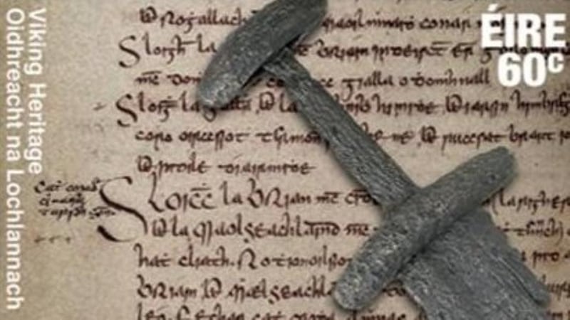 Stamp featuring what is believed to be a 10th century Viking sword, found in Christchurch Place, Dublin (courtesy of The National Museum of Ireland). The background depicts an image from the Annals of the Four Masters (courtesy of the UCD-OFM Partnership).