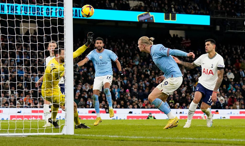 Erling Haaland equalises for Man City during their win over Spurs. Photograph: Andrew Yates/EPA