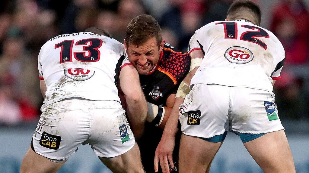 The Southern Kings’ Schalk Ferreira is tackled by Darren Cave and Stuart McCloskey of Ulster. Photograph: Bryan Keane/Inpho