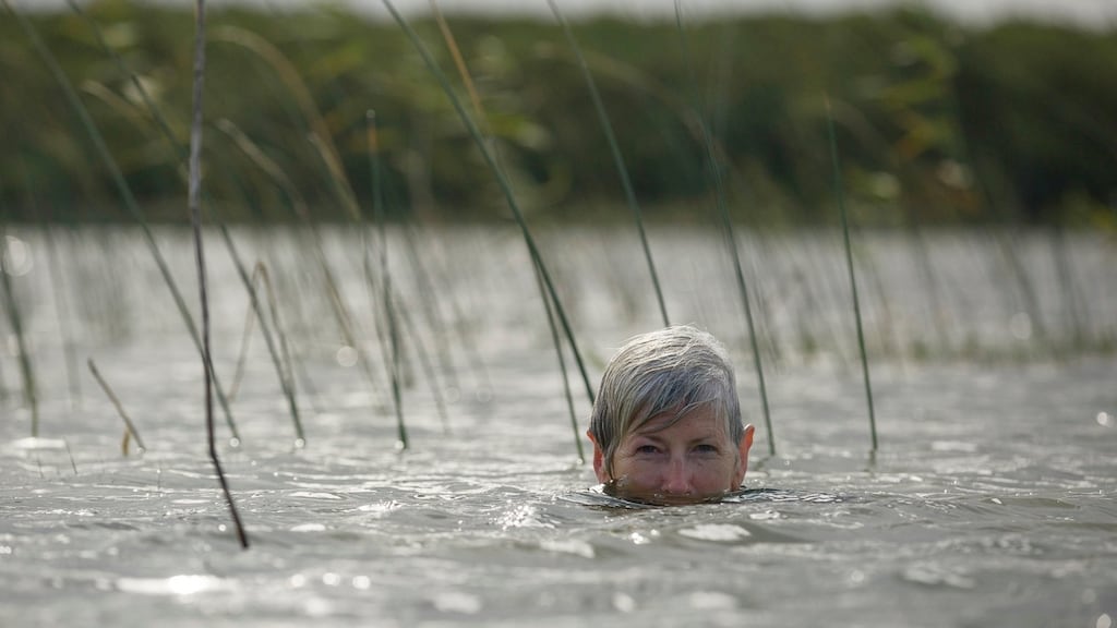 Artist Alice Maher photographed in Lough Carra, Co Mayo recreating one of her installations entitled ‘Les Filles d’Ouranos Art Grandeur Nature, Seinne Saint-Denis, Paris. Photograph: Keith Heneghan.