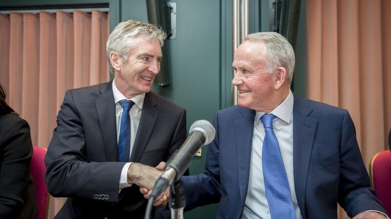 INM chief executive Michael Doorly with outgoing chairman Lesley Buckley at the company’s egm in March. Photograph: Brenda Fitzsimons