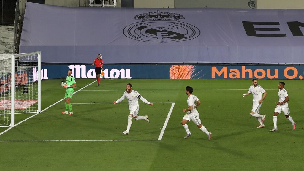Sergio Ramos celebrates his late penalty for Real Madrid against Getafe. Photograph: Angel Martinez/Getty