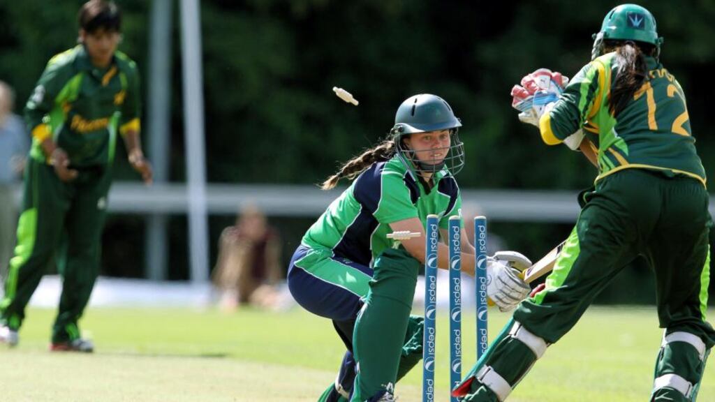 Ireland’s Laura Delany is stumped by Pakistan wicketkeeper Batool Fatima during the ICC Women’s World Twenty20 Qualifier semi-final at Claremont Road. Photograph: Dan Sheridan/Inpho