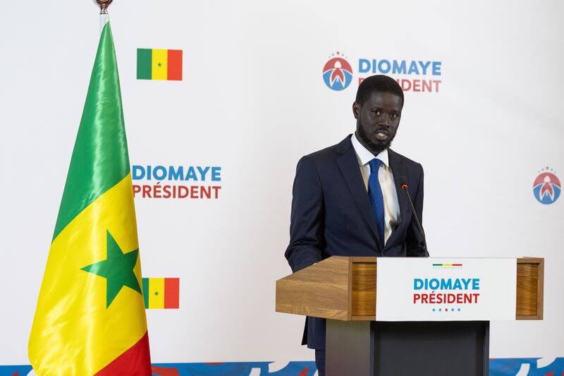 Bassirou Diomaye Faye speaks in Dakar on Monday after Senegal's presidential election, in which he secured a stunning first-round victory. Photograph: Jerome Favre/EPA-EFE