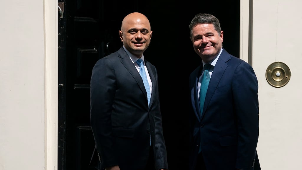 British chancellor of the exchequer Sajid Javid (L) and Minister for Finance Paschal Donohoe are pictured on Downing Street in London on Tuesday. Photograph: Will Oliver/EPA.