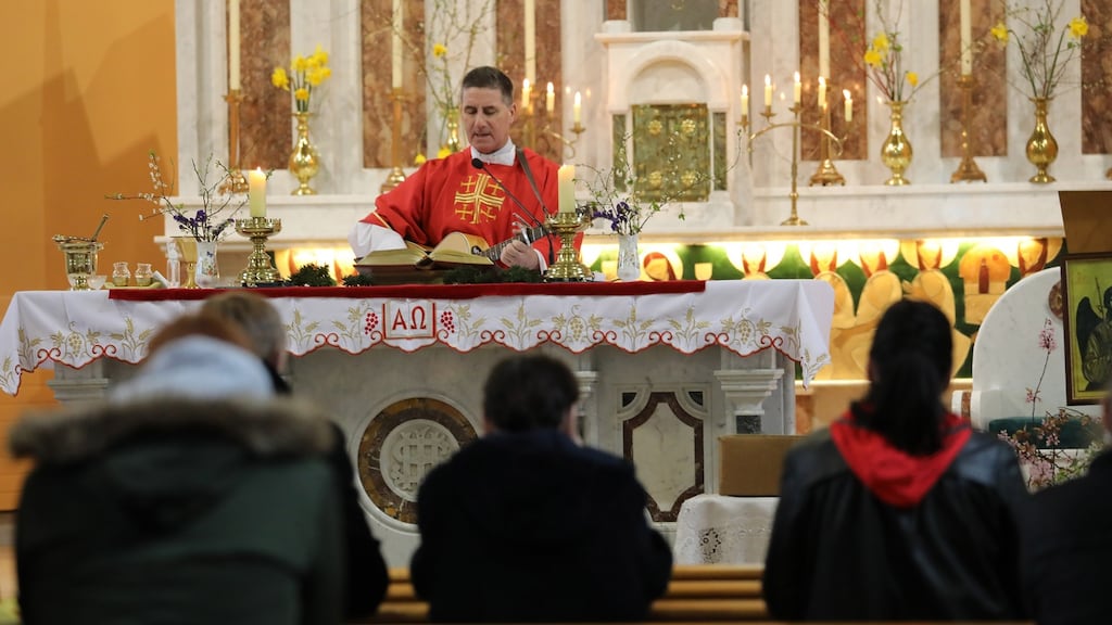 Fr PJ Hughes celebrates Mass at Our Lady of Lourdes Church, Mullahoran, Cavan, on Sunday morning in breach of Covid-19 rules. Photograph: Lorraine Teevan