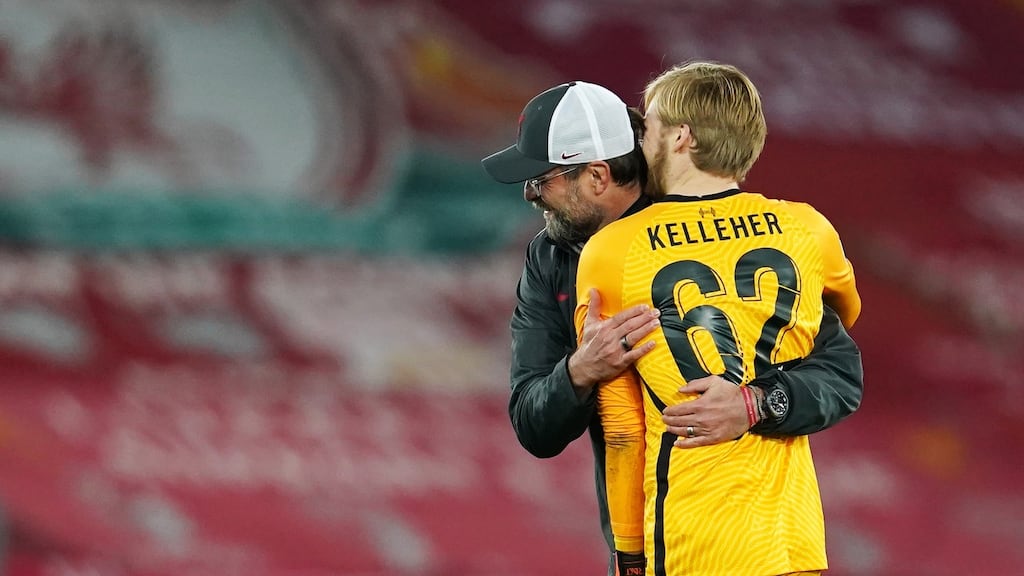 Liverpool manager Jürgen Klopp congratulates his goalkeeper Caoimhin Kelleher after the Uefa Champions League win over Ajax. Photo: Jon Super/EPA