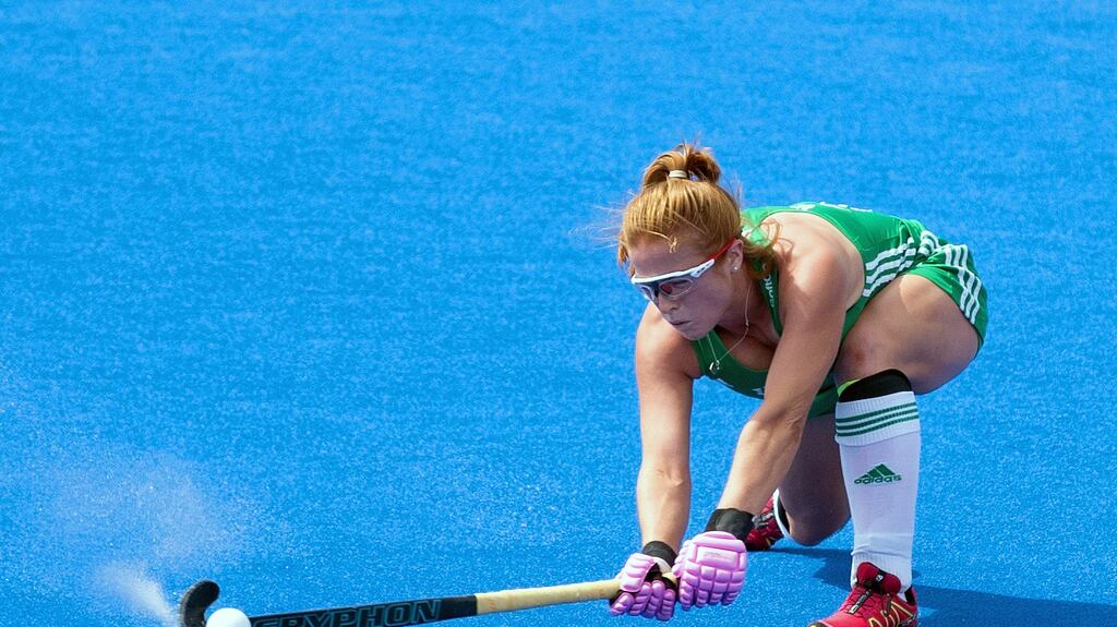 Zoe Wilson: she fired home a penalty corner in the second quarter to set up   Belfast Harlequins’  2-0 win over Pembroke Wanderers. Photograph: Sandra Mailer/Inpho