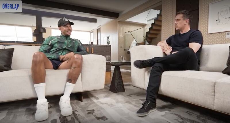 The interview with Dele Alli was skilfully handled by broadcaster Gary Neville. Photograph: The Overlap/PA Wire