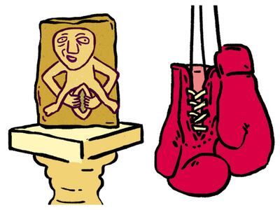 A history of Irish women in 50 objects: Sheela na gig and boxing gloves. Illustration: Dearbhla Kelly