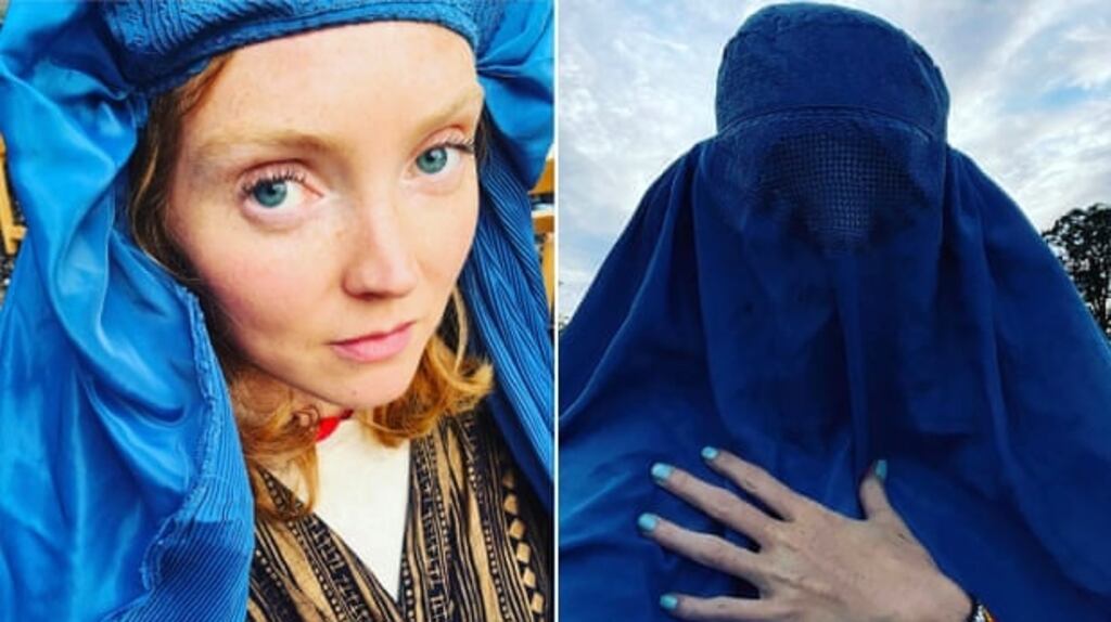 Her Instagram story, which has been deleted, contained two images: one of Lily Cole in a blue burka covering her face and body, and another in which the garment was pulled up to show her face