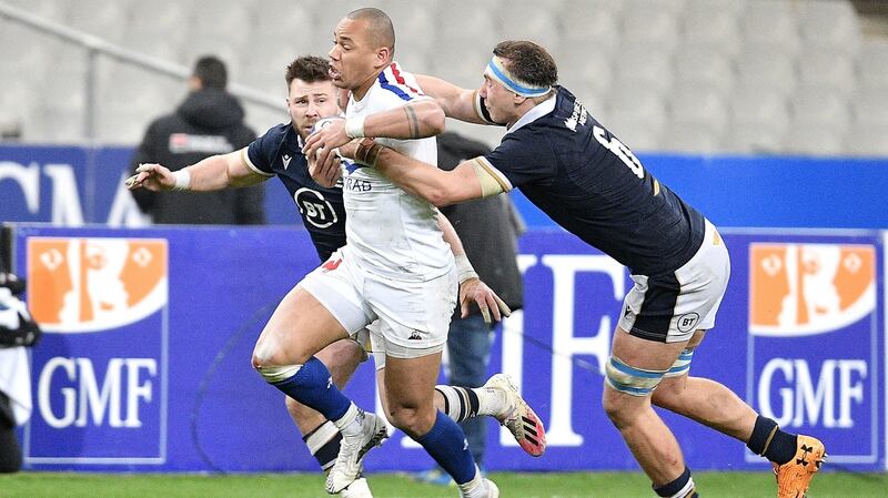 France’s Gael Fickou is tackled by Scotland’s Jamie Ritchie. Photograph: PA