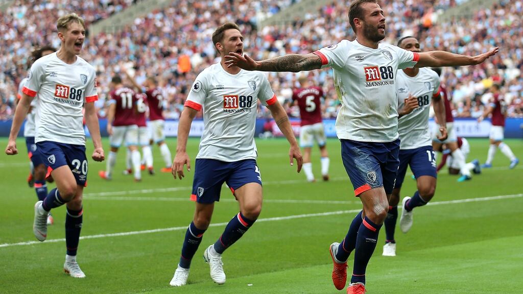 Bournemouth’s Steve Cook celebrates his side’s winner at the London Stadium. Photograph: Nigel French/PA