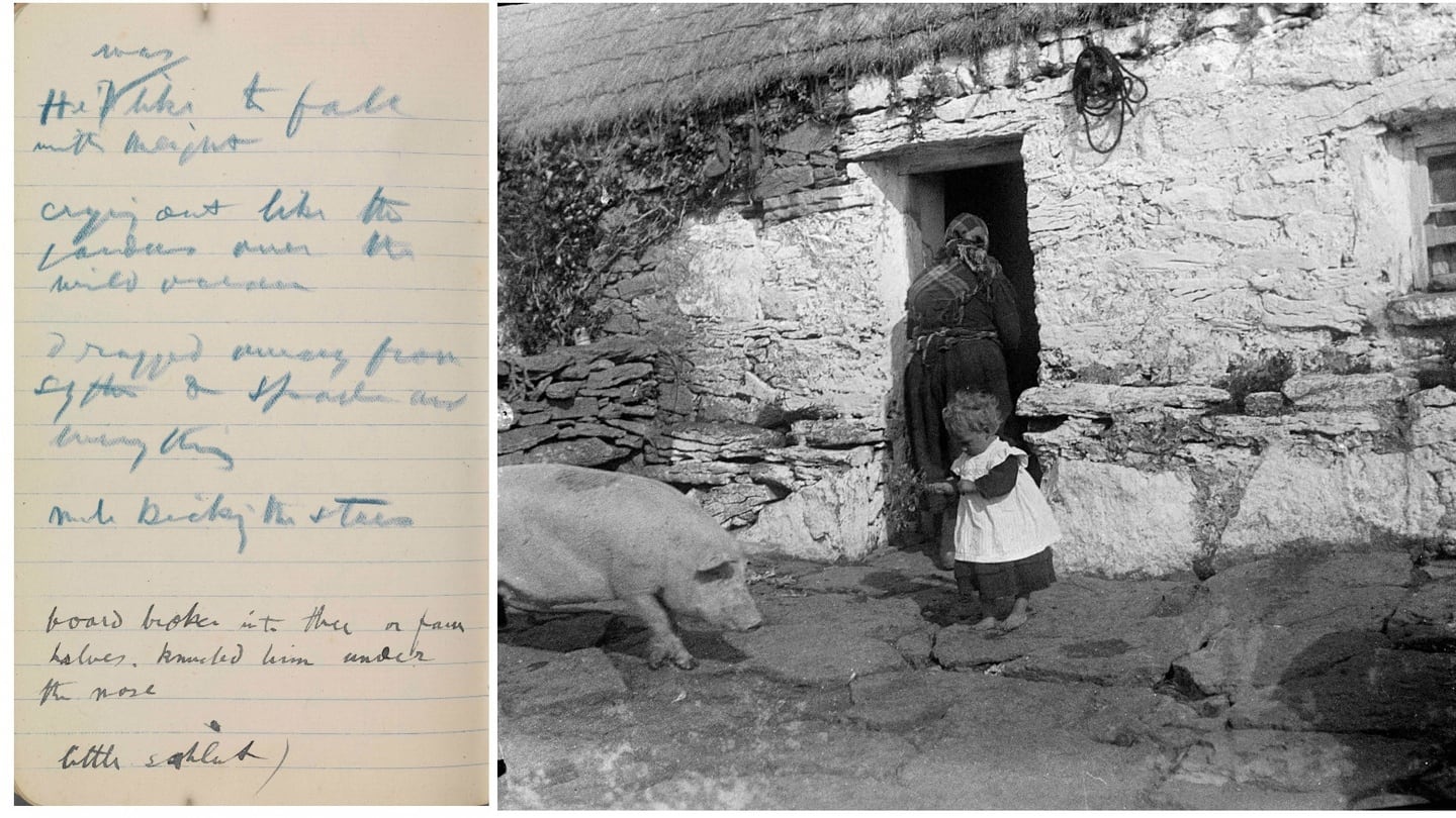Notes of phrases heard on 1905 visit to Mountain Stage, including one – “mule kicking the stars” – subsequently used in Playboy. Photograph by Synge of the cottage of Patrick McDonagh, where he stayed on visits to Inishmaan
