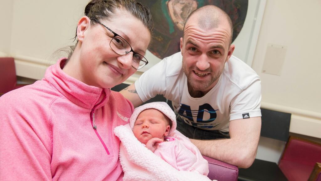 Sonya Burke and Colm O’Callaghan, from Crosshaven, with their new baby Maria who was born during Storm Ophelia. Photograph: Michael Mac Sweeney/Provision