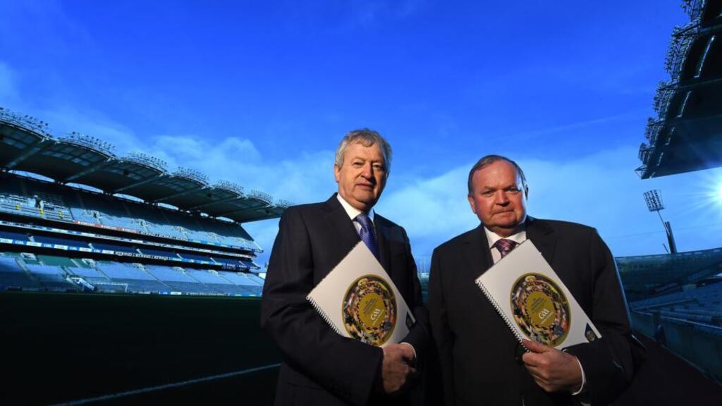GAA president Liam O’Neill and director general Páraic Duffy at the launch of the director general’s annual report in Croke Park, Dublin. Photograph: Paul Mohan/Sportsfile