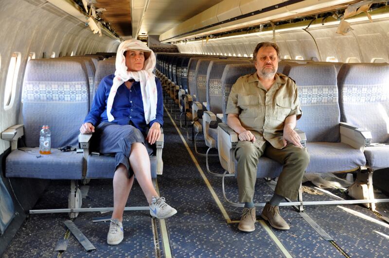 Sophie Fiennes and Slavoj Zizek filming "The Pervert's Guide to Ideology" in a junked jetliner in the Mojave Desert