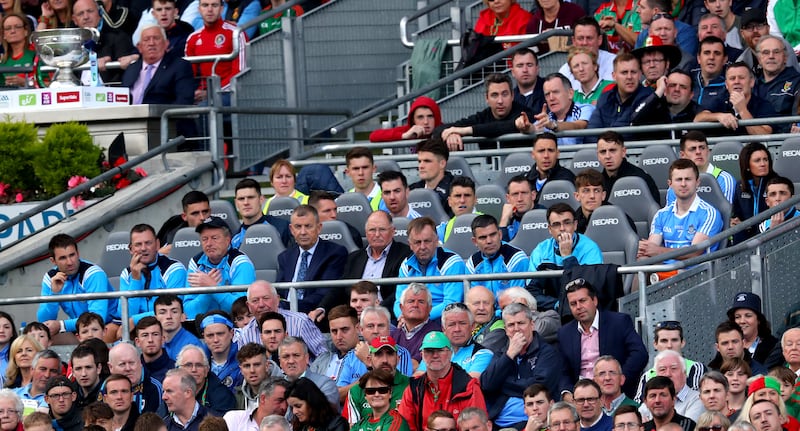 The assembled Dublin bench looks on during the 2017 All-Ireland final against Mayo at Croke Park. My team-mates helped me highlight my many blind spots. Photograph: James Crombie/Inpho