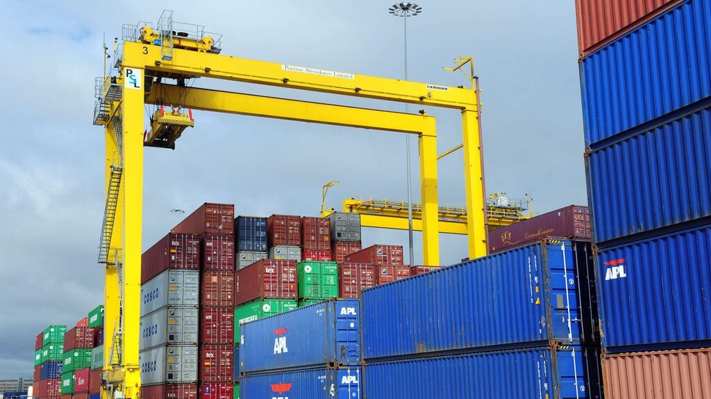 Shipping containers are stacked at Dublin port in Dublin. Photographer: Aidan Crawley/Bloomberg