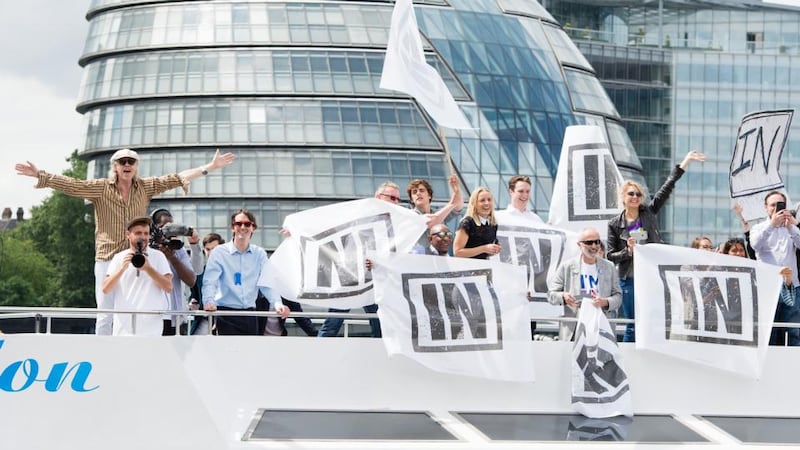 Brexit protest: Bob Geldof with remain campaigners on the River Thames in London as their boat passes that of Nigel Farage, the Ukip leader, just before the referendum in 2016. Photograph: Jeff Spicer/Getty