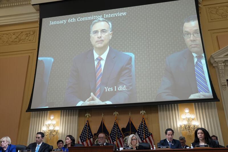 Video of testimony by former White House counsel Pat Cipollone is played during the public hearing of the January 6th committee on Tuesday. Photograph: Doug Mills/New York Times