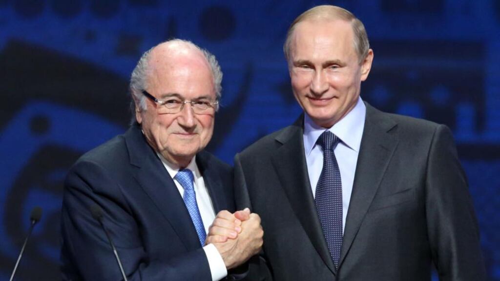 Sepp Blatter stated his trust in Vladimir Putin and Russia over the 2018 World Cup at the draw for the qualifying groups in St Petersburg. Photograph: Afp
