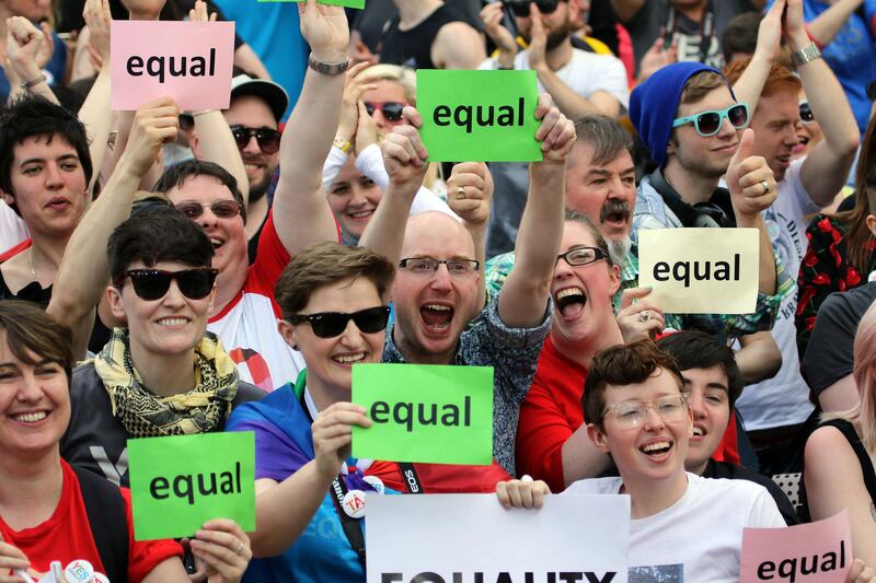 Equal: celebrations in full swing after the resounding result. Photograph: Paul Faith/AFP via Getty