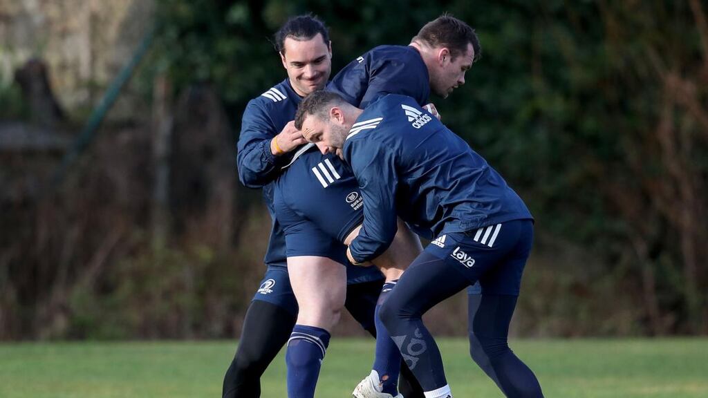 James Lowe, Cian Healy and Dave Kearney in Leinster training. Photograph: James Crombie/Inpho