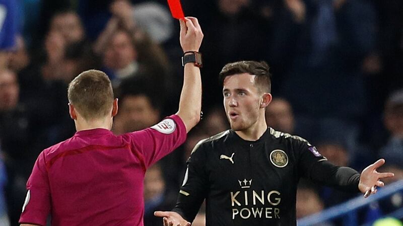 Leicester’s Ben Chilwell is shown a red card during his side’s goalless draw at Stamford Bridge. Peter Nicholls/Reuters