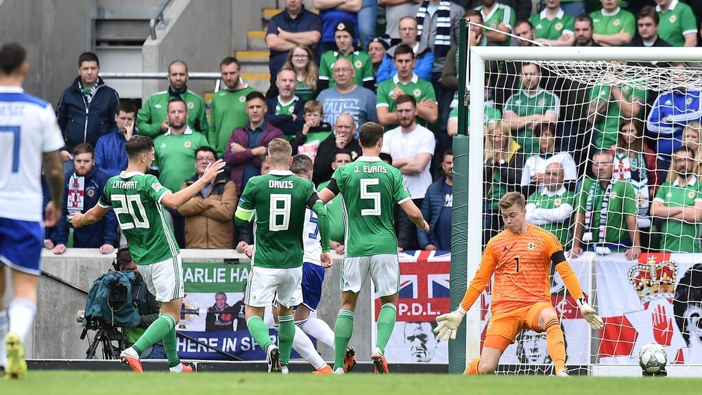 Haris Duljevic of Bosnia-Herzegovina scoring against Northern Ireland at Windsor Park, Belfast. Photograph: Charles McQuillan/Getty Images