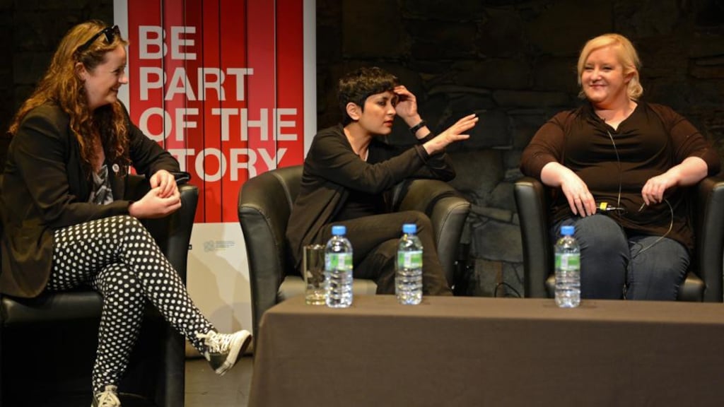 From left : Una Mullally, journaslist, Shami Chakrabarti, director of Liberty, the civil liberties organisation, and Louise Lowe, theatre director and playwright, on the opening night of the Dublin Writers Festival, at Smock Alley Theatre. Photograph: Eric Luke