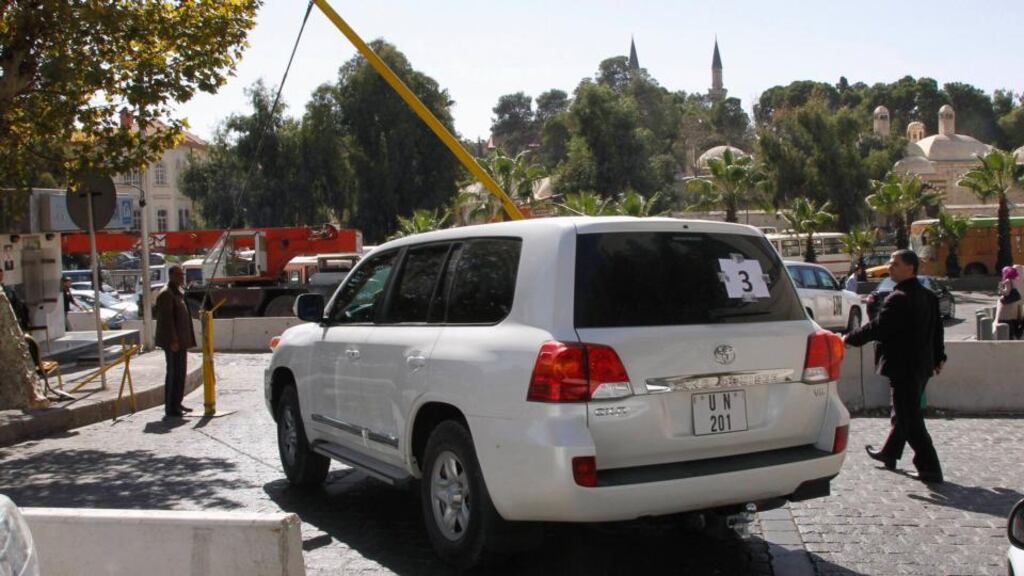 United Nations vehicles transporting a team of experts from the Organisation for the Prohibition of Chemical Weapons, leave their hotel in Damascus last week. Photograph: Reuters