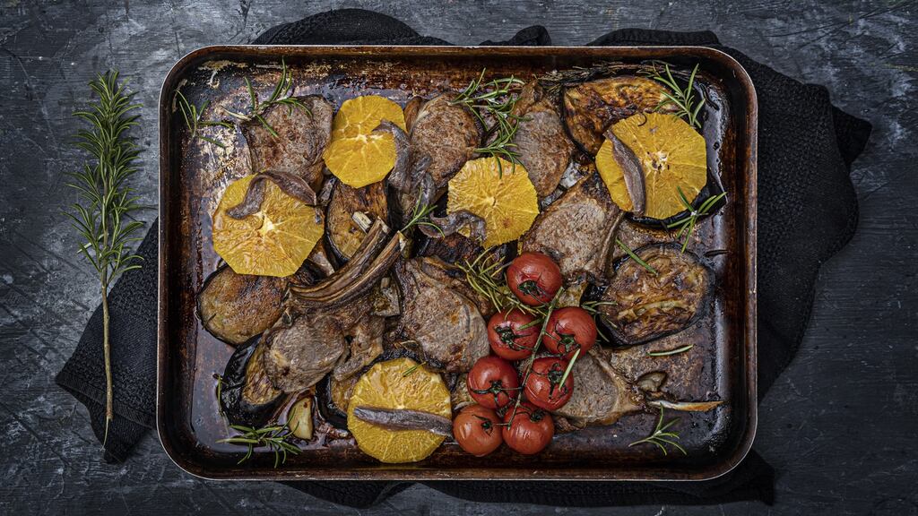 Lamb chops with aubergine, orange and anchovy