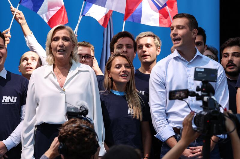Rassemblement National leader Marine Le Pen and her deputy Jordan Bardella in September 2023. Le Pen declared last year that she and Bardella formed 'a ticket', meaning he would be her prime minister if she was elected president. Photograph: Pascal Guyot/AFP via Getty Images