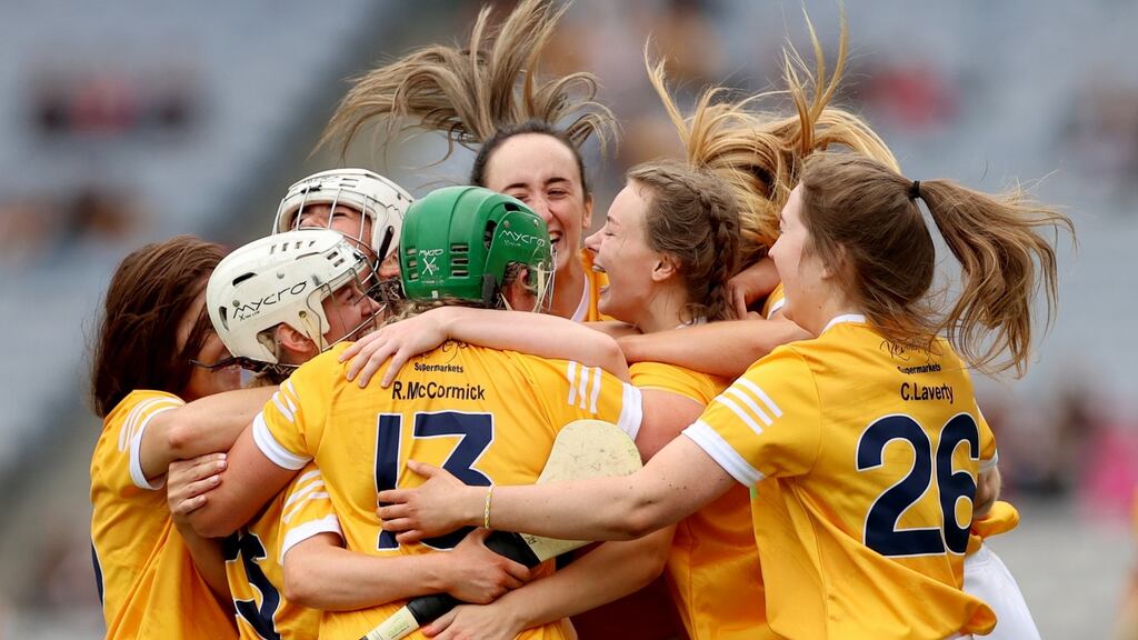 Antrim players celebrate at the final whistle. Photograph: James Crombie/Inpho