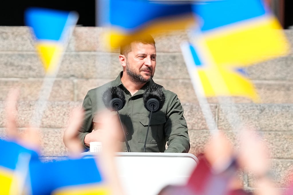The Russia-Ukraine war presented in the study as the first real-life example of deepfakes being used in warfare. Ukrainian President Volodymyr Zelensky addresses people in front of the Danish Parliament in Copenhagen, Denmark, on August 21st last. Photograph: AFP via Getty Images