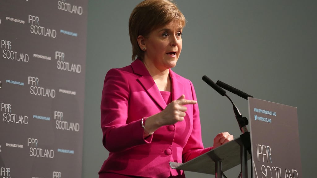 Scotland’s first minister Nicola Sturgeon speaking at an  Institute for Public Policy Research conference  in Edinburgh on Monday.   Photograph: Andrew Milligan/PA Wire