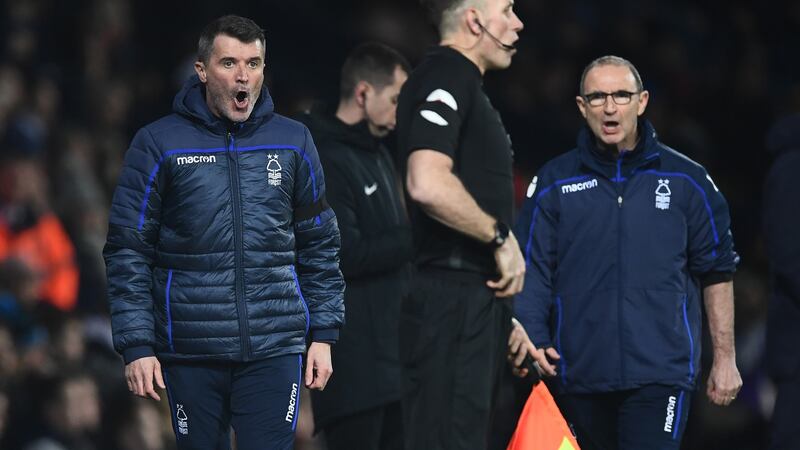 Forest manager Martin O’ Neill and assistant Roy Keane have choice words with the referee’s assistant. Photo: Stu Forster/Getty Images