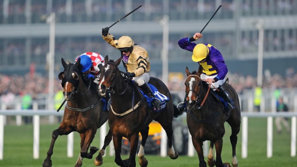 Davy Russell on Lord Windermere (right) wins from On His Own (centre) and The Giant Bolster during last year’s Cheltenham Gold Cup. Photograph: Mike Hewitt/Getty