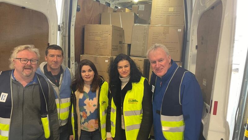Fergal Murphy, Dr Brian McManus, Dr Lyudmyla Zakharchenko, Dr Katya Kachurets and Luke O’Neill at the Medical Health Ukraine depot for medical supplies near the Polish/Ukrainian border.