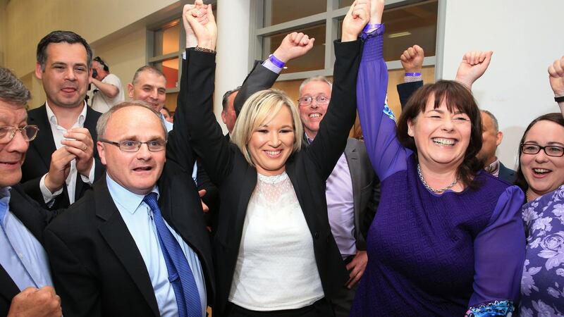 Newly elected MP for Fermanagh-South Tyrone Michelle Gildernew (right), with   Barry McElduff  (left)   and Michelle O’Neill (centre).  Photograph: PA