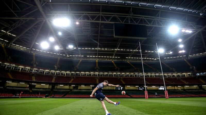 Ireland outhalf Jack Carty during a pre-match kicking session at the Principality Stadium in Cardiff ahead of the World Cup warm-up game against Wales. Photograph: Dan Sheridan/Inpho