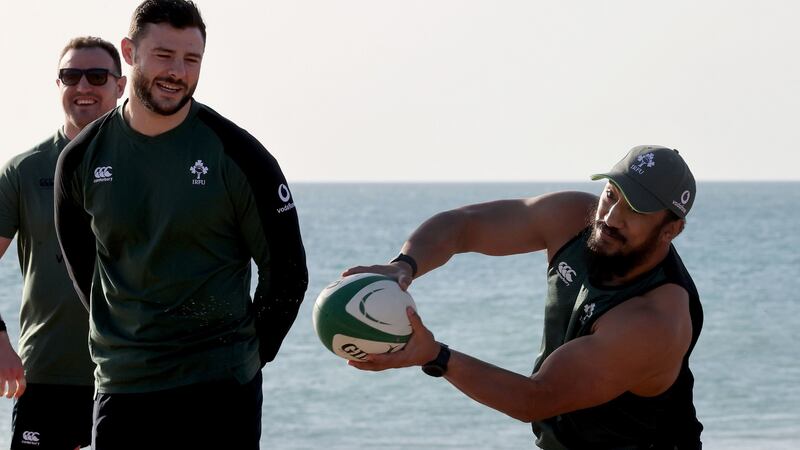 Robbie Henshaw and Bundee Aki during Ireland’s training camp in Portugal. Photograph: Ryan Bailey/Inpho