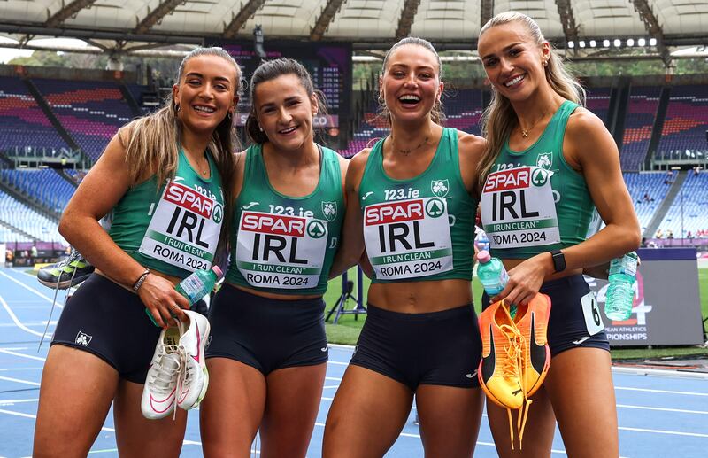 Ireland’s Lauren Cadden, Phil Healy, Sophie Becker and Sharlene Mawdsley after the race. Photograph: Morgan Treacy/Inpho